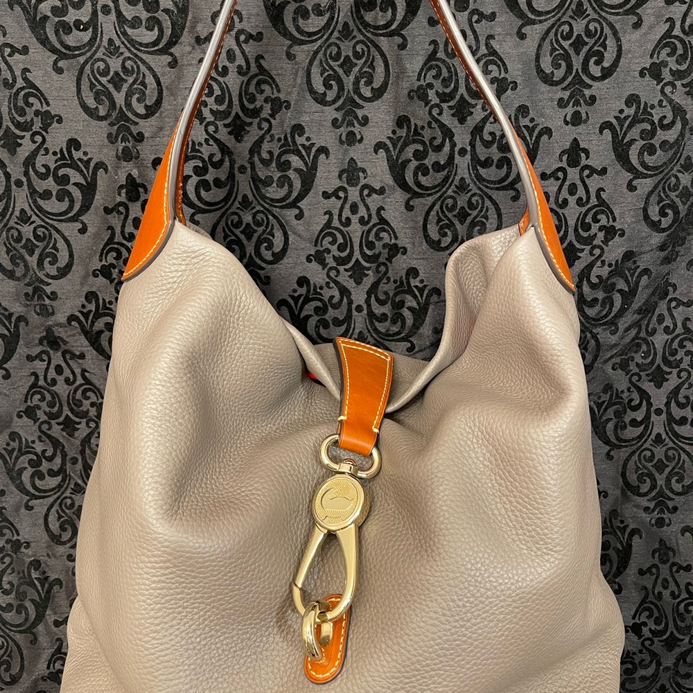 Beige and Orange Leather Hobo Bag